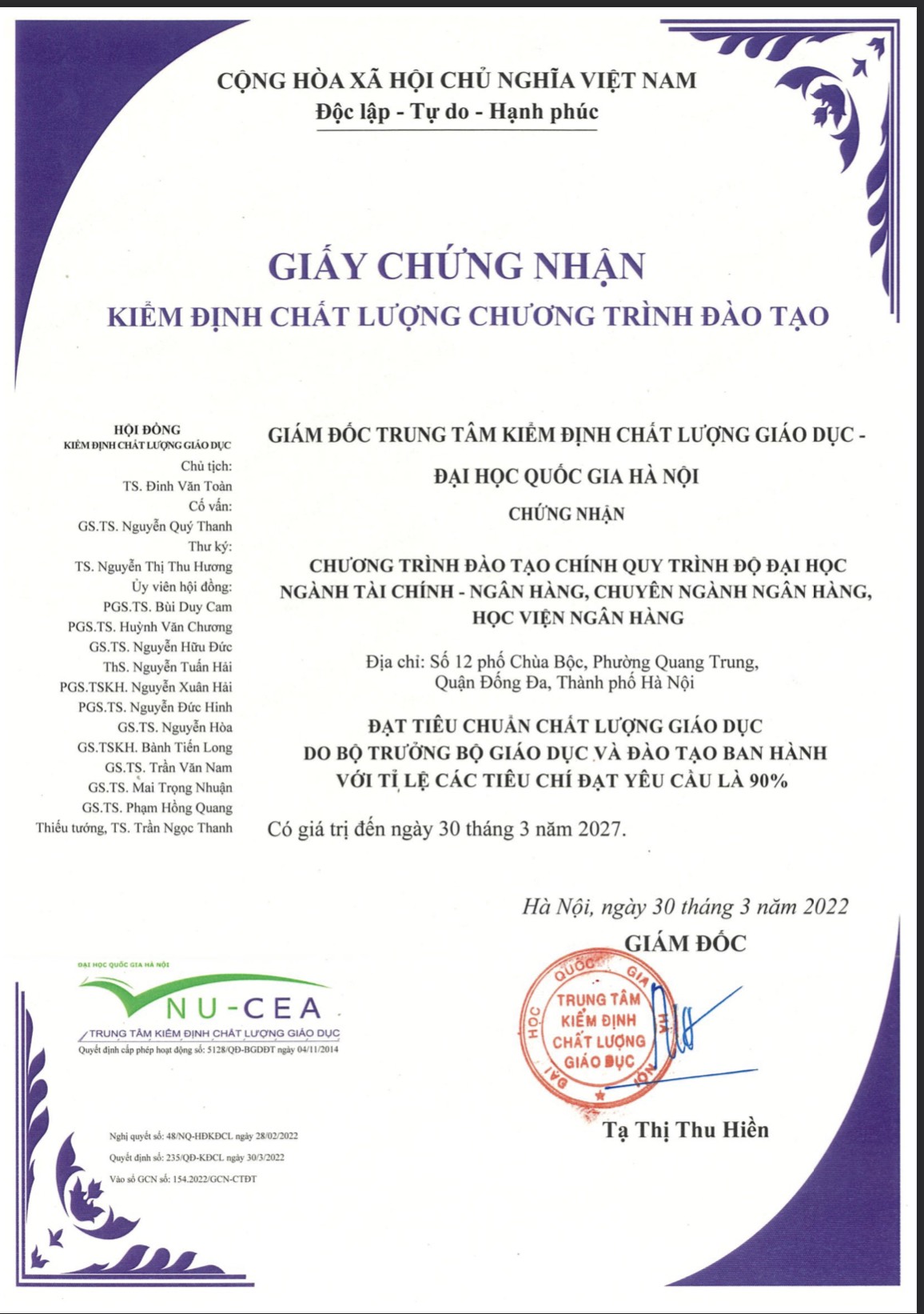 Giấy chứng nhận CTĐT Ngân hàng